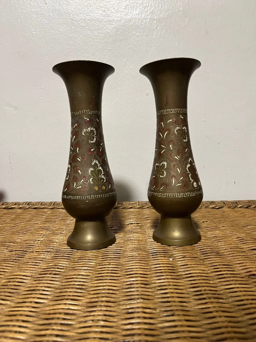 Vintage Pair of Colored Etched Brass Vases Made In India 1970s